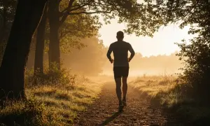 Un coureur solitaire sur un sentier boisé au lever du soleil, s'entraînant pour son semi-marathon, visant un certain pourcentage VMA.
