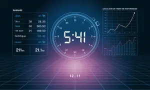 Tableau de bord sportif affichant un chronomètre à 5:41, des statistiques de course et des graphiques de performance. L'objectif : une allure semi marathon 2h.