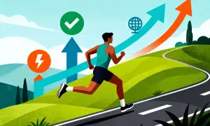 Un coureur progresse sur une route sinueuse, symbolisant l'amélioration de la vitesse moyenne course à pied. Des flèches ascendantes et des icônes de succès indiquent une progression constante.