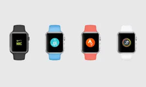 Quatre Apple Watch avec des bracelets de couleurs différentes affichent des icônes d'applications de running.