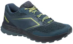 Chaussure de trail running Evadict marque, bleu marine avec lacets et détails jaune vif, prête pour l'aventure.