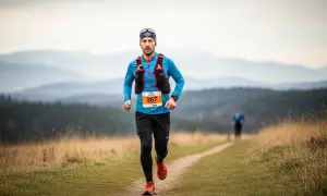 Coureur en plein effort sur un sentier, suivant son plan entrainement trail 70 km 3 séances. Paysage vallonné en arrière-plan.