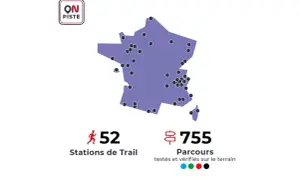 Carte de France avec 52 stations de trail et 755 parcours testés.