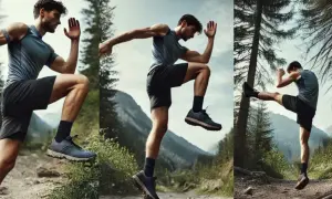 Homme en plein exercice de pliométrie dans un décor montagneux. Il saute et donne des coups de pied, montrant sa puissance.
