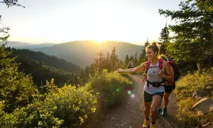 Randonnée au coucher du soleil, victor daviet et ses amis profitent de la vue sur les montagnes.