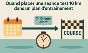Calendrier, montre et ligne d'arrivée pour une séance test 10 km. Idéalement 7-10 jours avant la course.