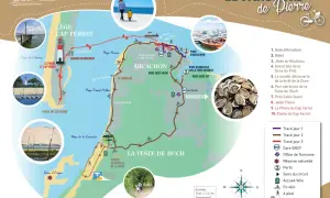 Carte des parcours à vélo et à pied autour de la Dune du Pilat, incluant le phare du Cap Ferret et le port d'Arcachon.