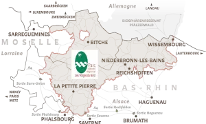 Carte du Parc naturel régional des Vosges du Nord, idéal pour une randonnée 3 jours Vosges du Nord. Découvrez Bitche, La Petite Pierre, Wissembourg.