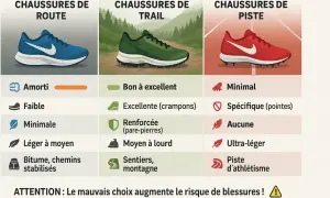 Tableau comparatif des chaussures de route, trail et piste. Il détaille la différence chaussure trail et running, leurs caractéristiques et usages.