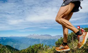 Un coureur en pleine descente trail sur un sentier de montagne, avec des sommets enneigés en arrière-plan.