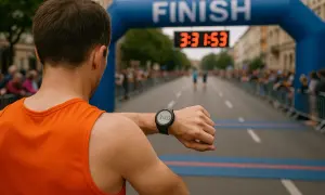 Coureur regardant sa montre avant de franchir la ligne d'arrivée, prêt à battre son record 10km.