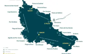 Carte de Belle-Île-en-Mer avec les principaux villages, arrêts de bus, ports et le sentier GR340.