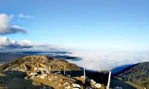 Vue panoramique d'une randonnée la Dôle depuis les Dappes, avec une mer de nuages sous un ciel bleu éclatant.