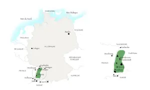 Carte du circuit touristique Forêt-Noire en Allemagne, avec les villes de Karlsruhe, Fribourg et Mulhouse.