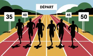 Des silhouettes d'athlètes s'élancent sur une piste de course, sous une arche "DÉPART". Une scène dynamique pour la catégorie course à pied.