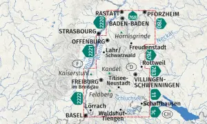 Carte touristique de la Forêt-Noire avec villes, routes et rivières.