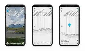 Application randonnée : trois écrans de smartphone affichant des reliefs montagneux avec des noms et altitudes superposés.