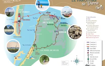 Carte des parcours à vélo et à pied autour de la Dune du Pilat, incluant le phare du Cap Ferret et le port d'Arcachon.