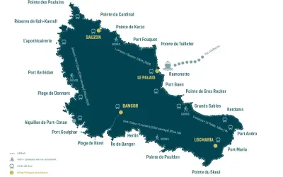 Carte de Belle-Île-en-Mer avec les principaux villages, arrêts de bus, ports et le sentier GR340.