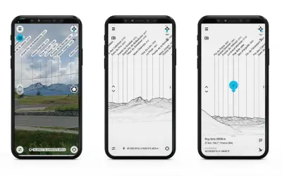 Application randonnée : trois écrans de smartphone affichant des reliefs montagneux avec des noms et altitudes superposés.