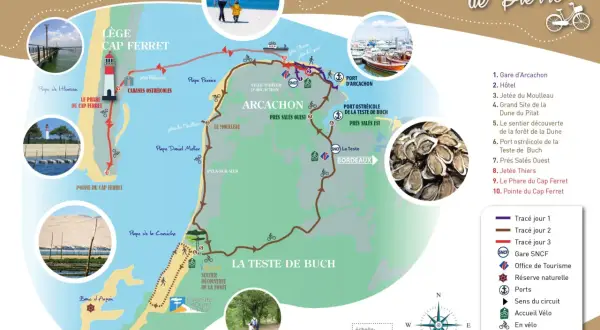 Carte des parcours à vélo et à pied autour de la Dune du Pilat, incluant le phare du Cap Ferret et le port d'Arcachon.