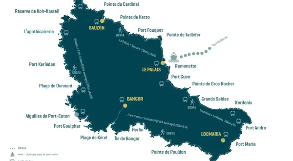 Carte de Belle-Île-en-Mer avec les principaux villages, arrêts de bus, ports et le sentier GR340.