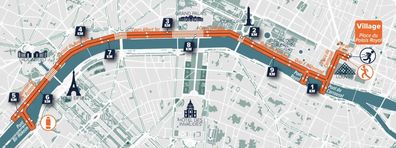 Carte du parcours de 10km des étoiles à Paris, longeant la Seine, passant par la Tour Eiffel, le Louvre et le Trocadéro.