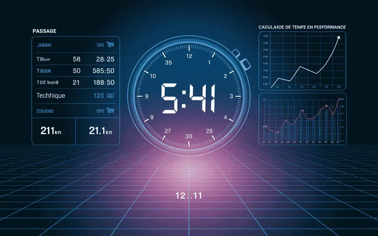 Tableau de bord sportif affichant un chronomètre à 5:41, des statistiques de course et des graphiques de performance. L'objectif : une allure semi marathon 2h.