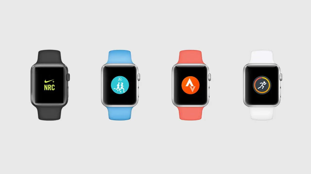 Quatre Apple Watch avec des bracelets de couleurs différentes affichent des icônes d'applications de running.