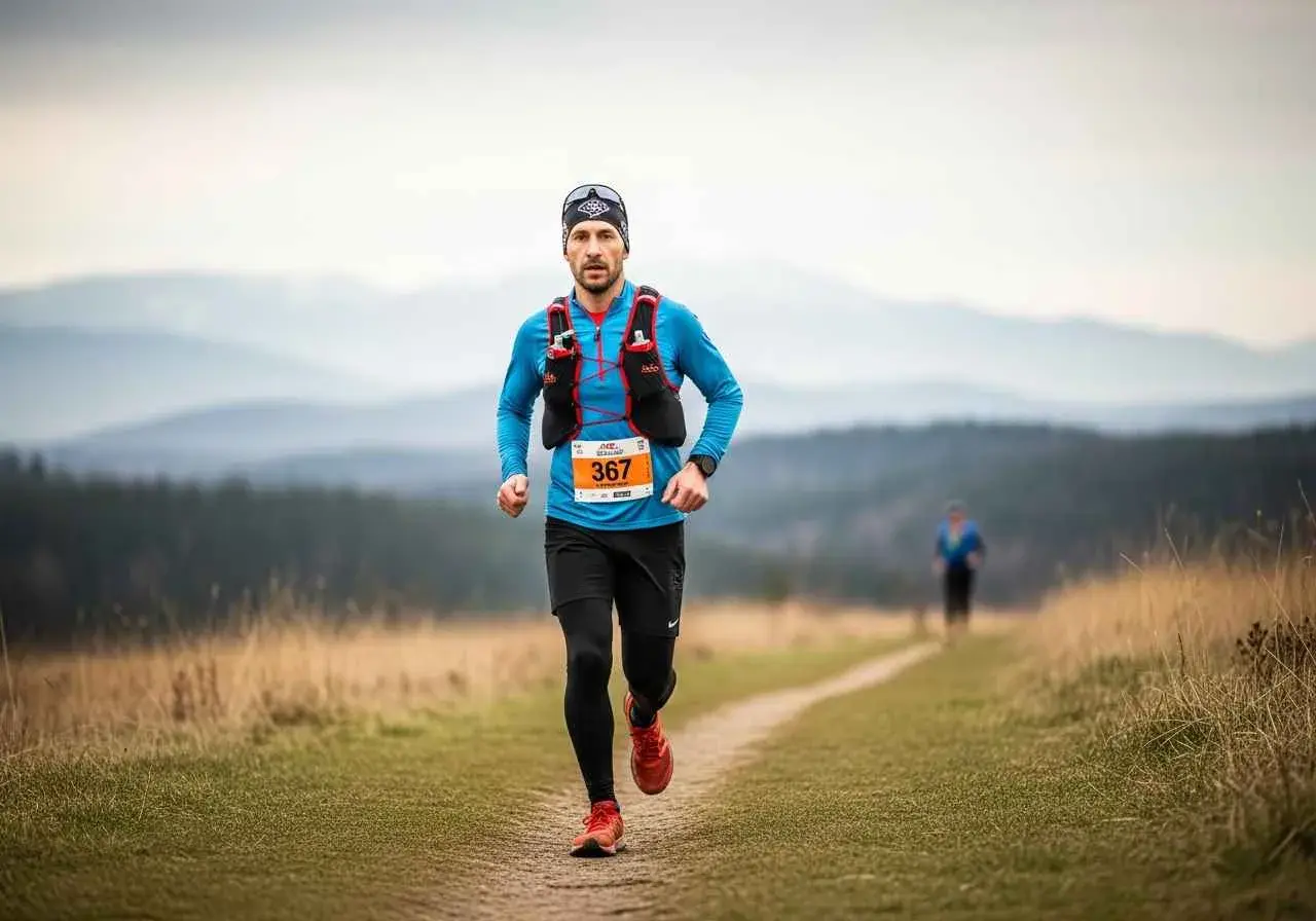 Coureur en plein effort sur un sentier, suivant son plan entrainement trail 70 km 3 séances. Paysage vallonné en arrière-plan.