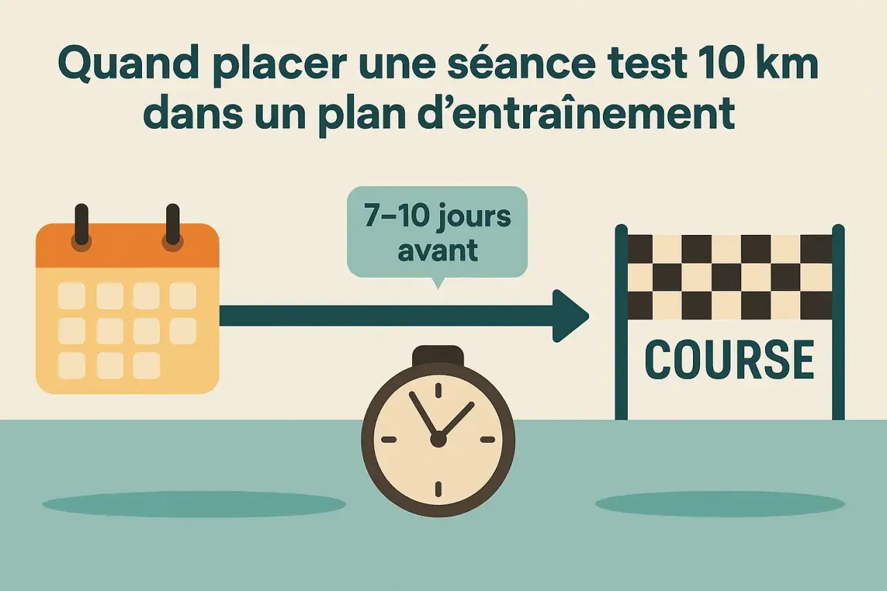 Calendrier, montre et ligne d'arrivée pour une séance test 10 km. Idéalement 7-10 jours avant la course.