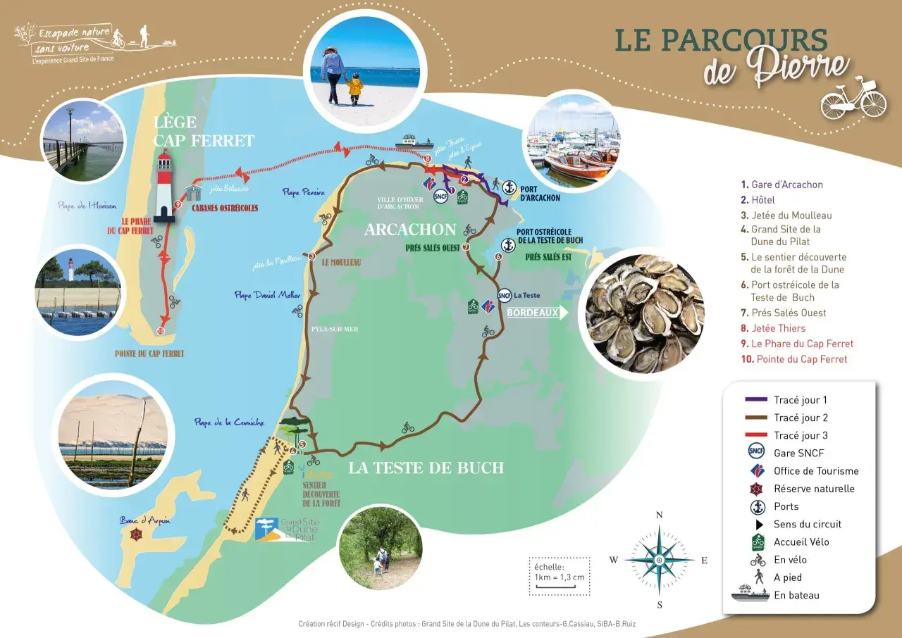 Carte des parcours à vélo et à pied autour de la Dune du Pilat, incluant le phare du Cap Ferret et le port d'Arcachon.