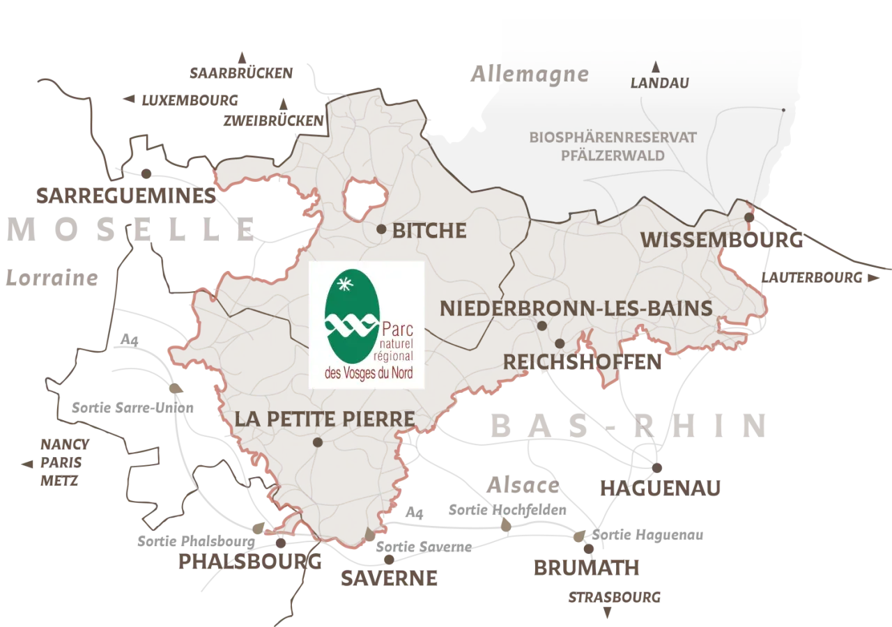 Carte du Parc naturel régional des Vosges du Nord, idéal pour une randonnée 3 jours Vosges du Nord. Découvrez Bitche, La Petite Pierre, Wissembourg.