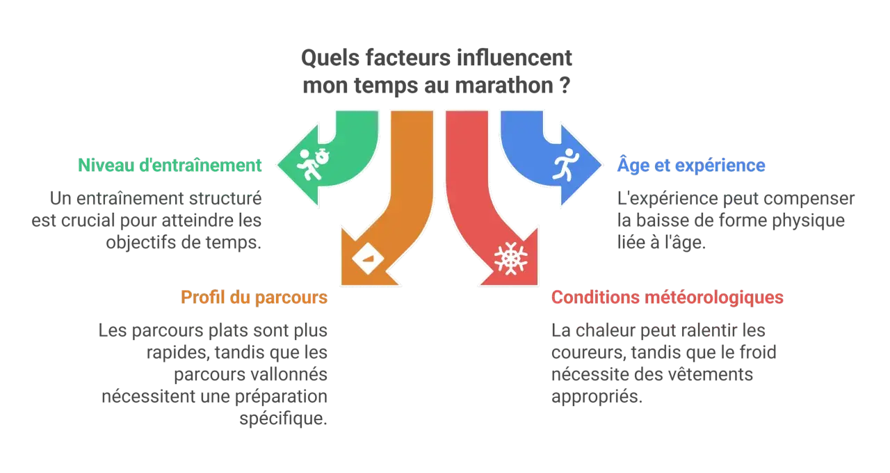 Facteurs influençant le temps moyen marathon : entraînement, parcours, âge/expérience, météo.