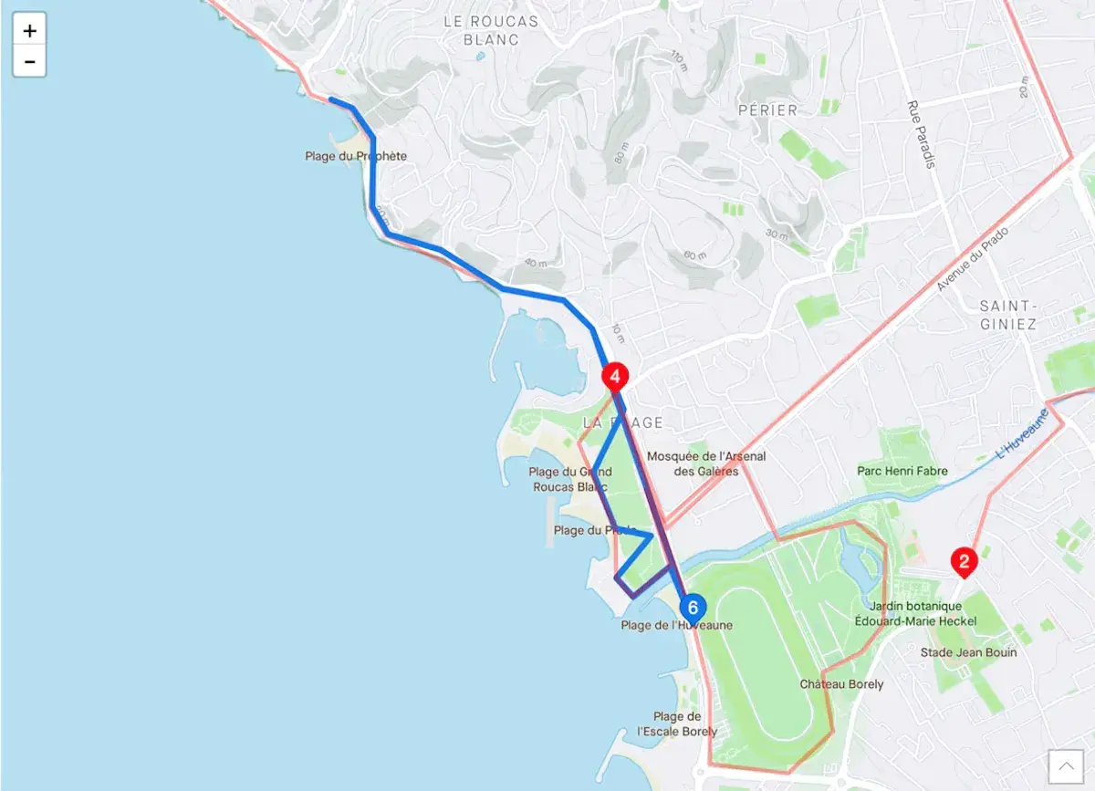 Carte de Marseille indiquant des parcours de course à pied, de la Plage du Prophète au Jardin Édouard-Marie Heckel.
