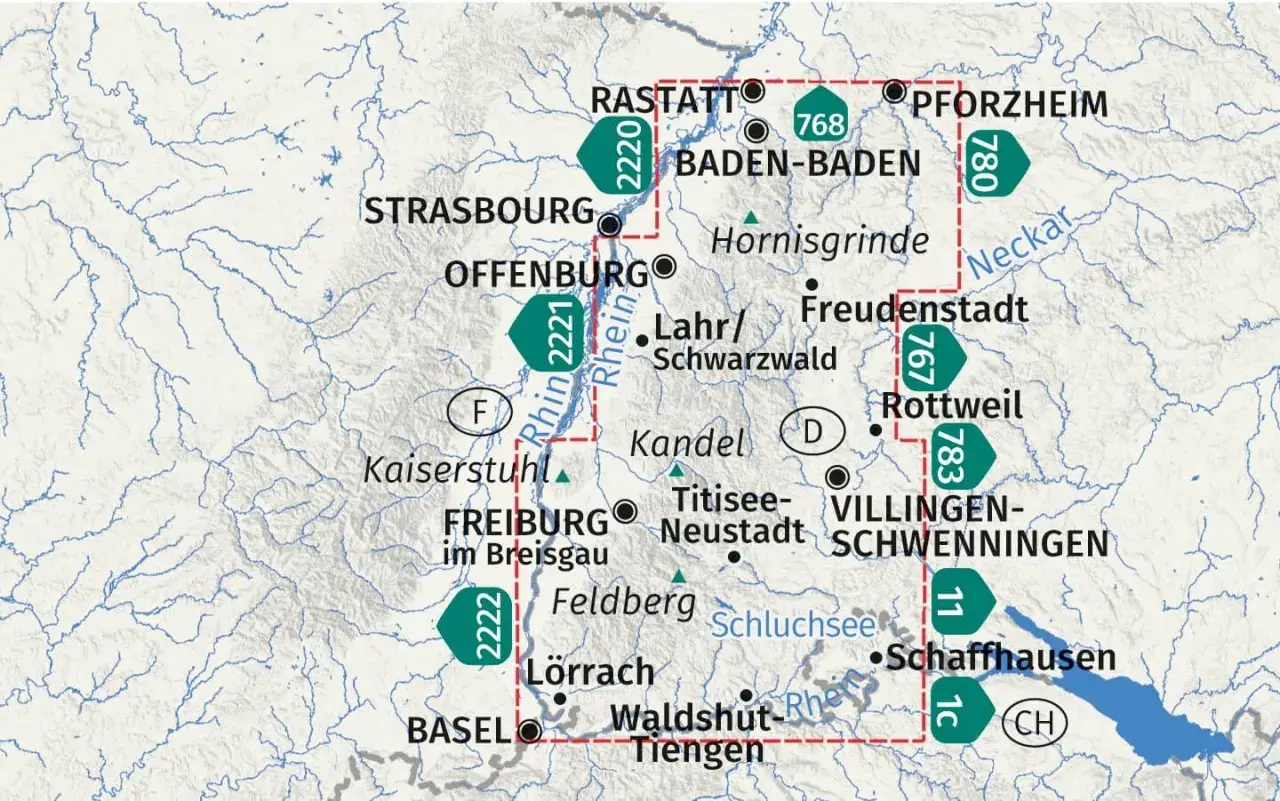 Carte touristique de la Forêt-Noire avec villes, routes et rivières.