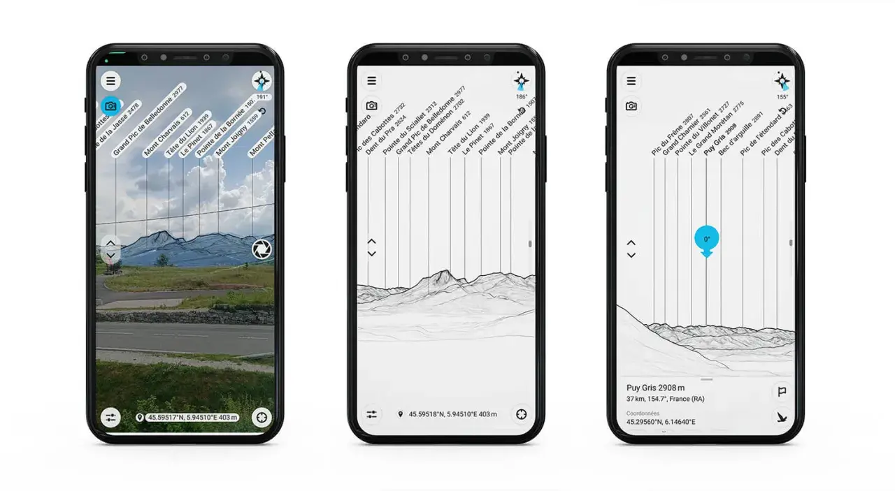 Application randonnée : trois écrans de smartphone affichant des reliefs montagneux avec des noms et altitudes superposés.