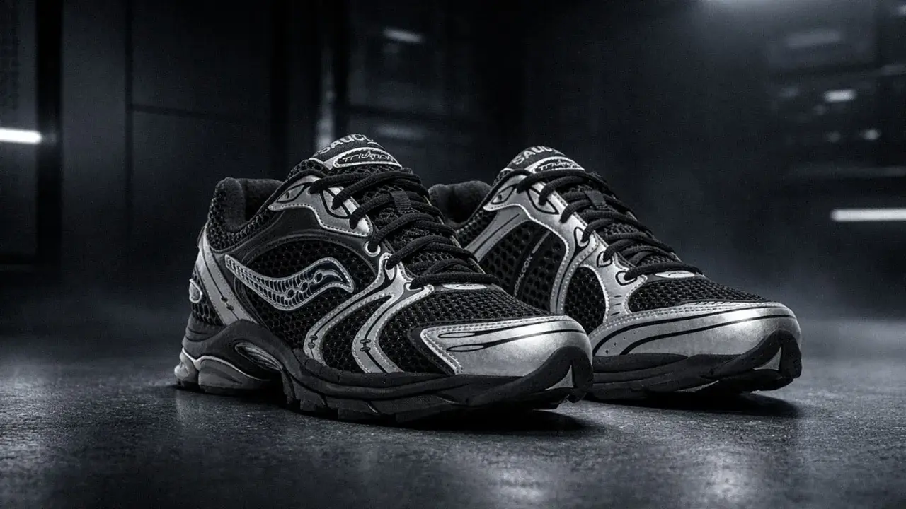 Paire de baskets noires et argentées Saucony Progrid, prêtes pour la course.