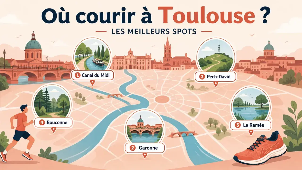 Carte des meilleurs spots pour courir à Toulouse : Canal du Midi, Garonne, Pech-David, Bouconne, La Ramée.