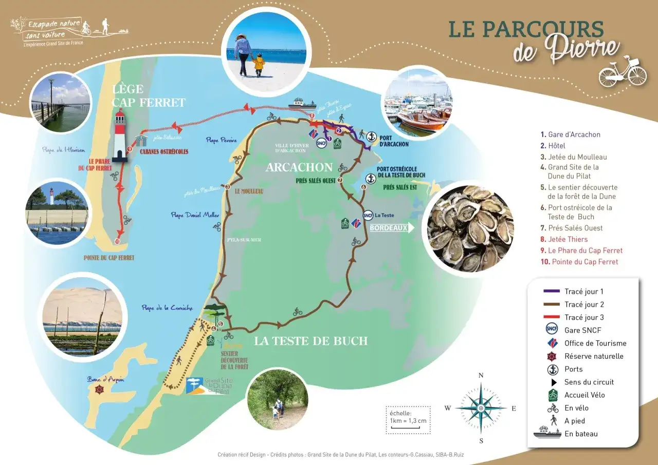Carte des parcours à vélo et à pied autour de la Dune du Pilat, incluant le phare du Cap Ferret et le port d'Arcachon.