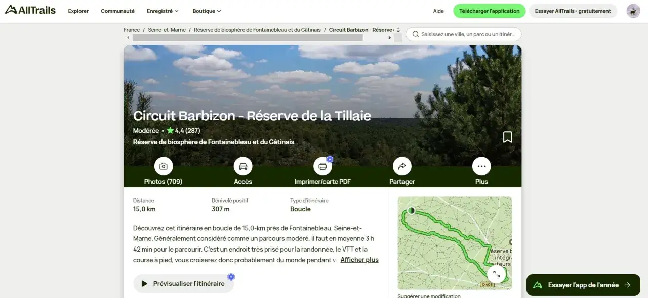 Une application randonnée affiche le circuit Barbizon, une boucle de 15 km en Seine-et-Marne, idéale pour la randonnée.