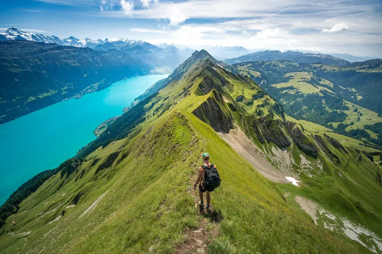 Randonneur sur une cr&ecirc;te verdoyante avec vue sur le lac turquoise et les montagnes enneig&eacute;es d'Interlaken, Suisse.