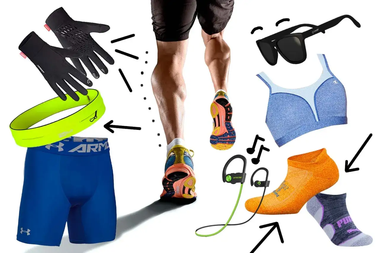 Un coureur en action, entouré de son kit marathon : gants, ceinture, short, brassière, lunettes, écouteurs et chaussettes.
