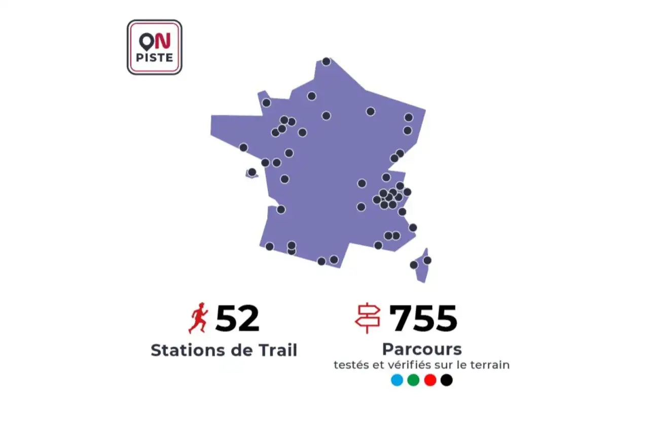 Carte de France avec 52 stations de trail et 755 parcours testés. Le logo