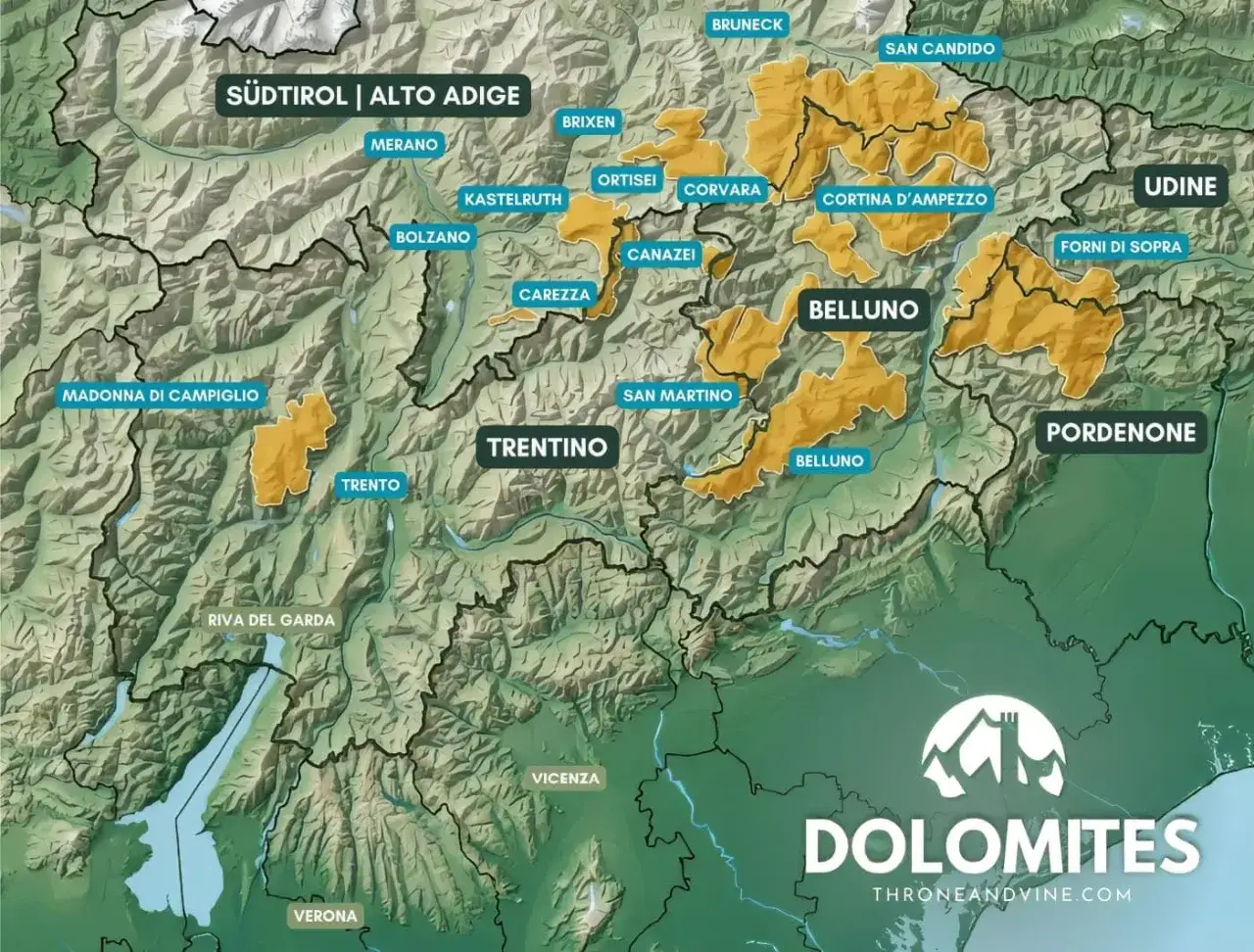 Carte montrant où se trouve les Dolomites en Italie, avec les régions du Trentin-Haut-Adige et de la Vénétie.