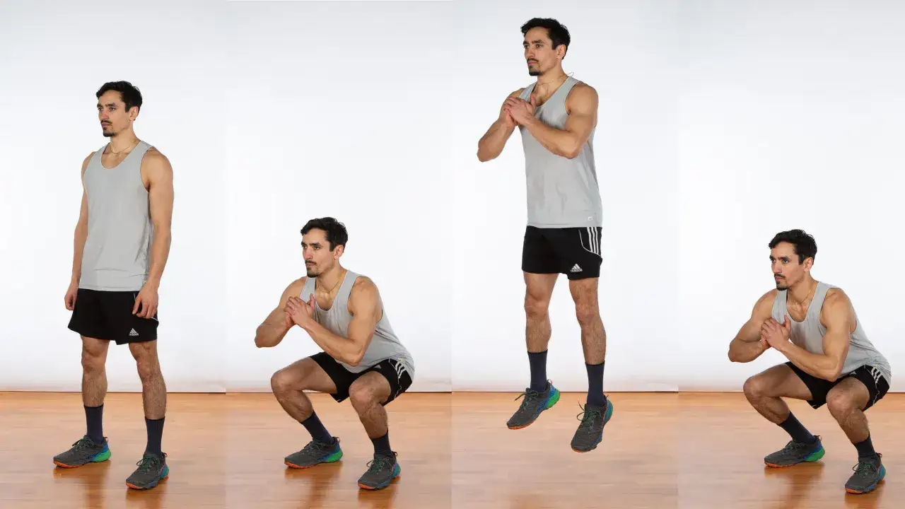 Homme effectuant un exercice pliométrie : saut groupé depuis une position accroupie.