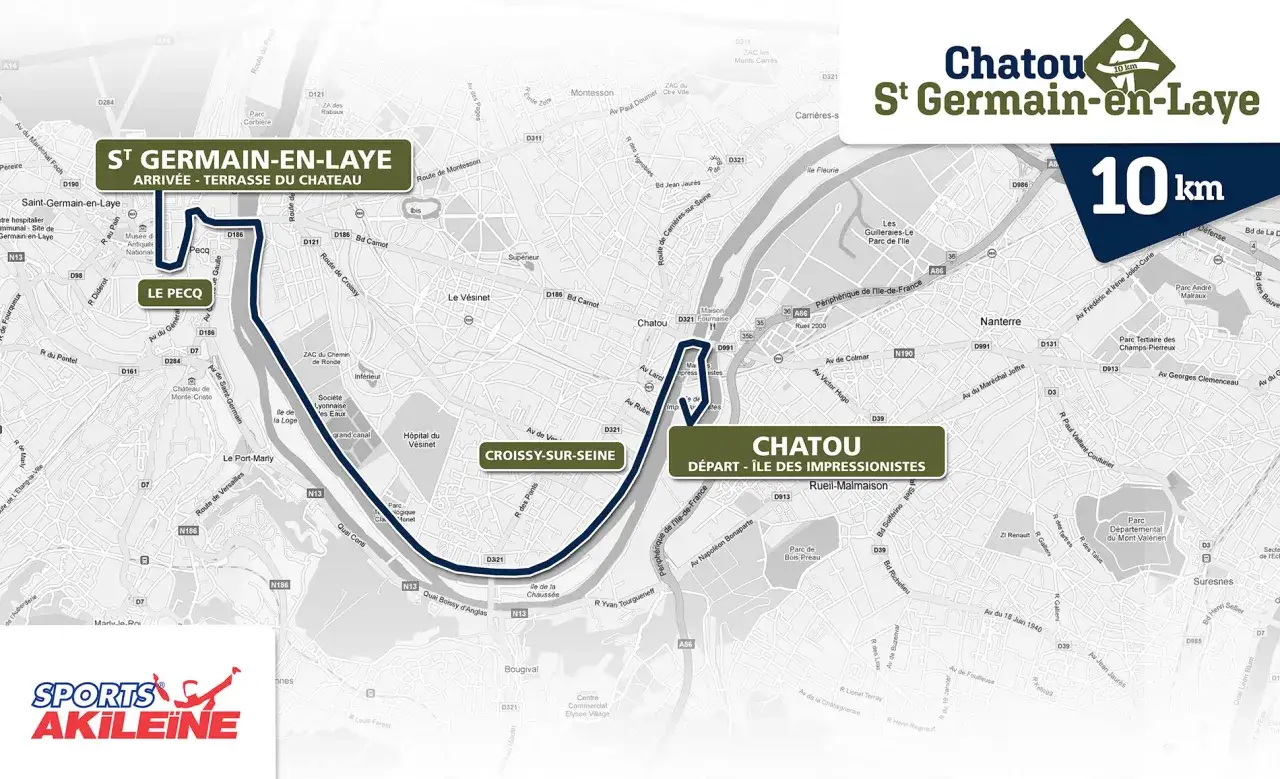 Carte du parcours de 10 km des &Eacute;toiles, de Chatou &agrave; Saint-Germain-en-Laye, en passant par Le Pecq.