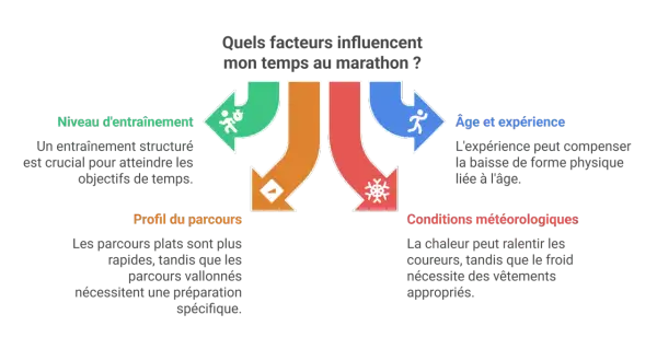Facteurs influençant le temps moyen marathon : entraînement, parcours, âge/expérience, météo.