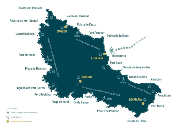 Carte de Belle-Île-en-Mer avec les principaux villages, arrêts de bus, ports et le sentier GR340.