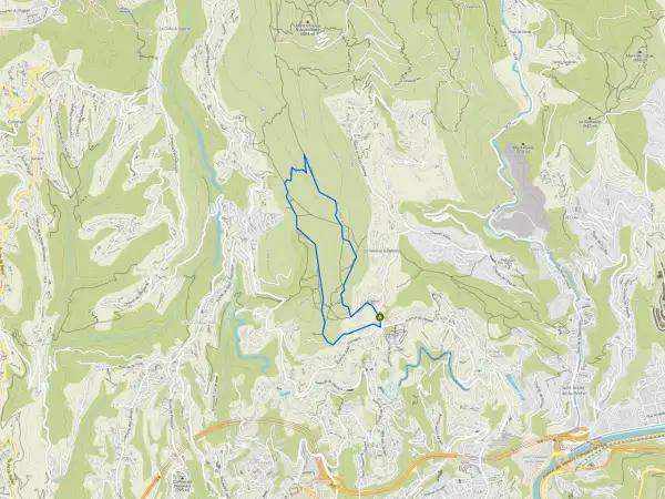 Carte d'un sentier de randonnée ou pour courir à Nice, traversant des collines et des zones boisées.